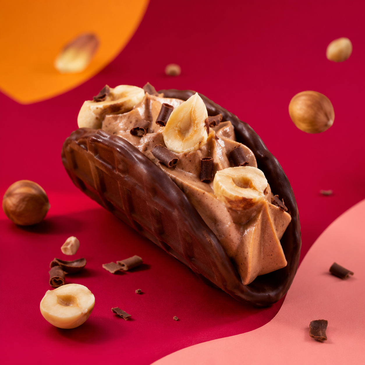 Waffle taco coated in dark chocolate and filled with chocolate hazelnut cream