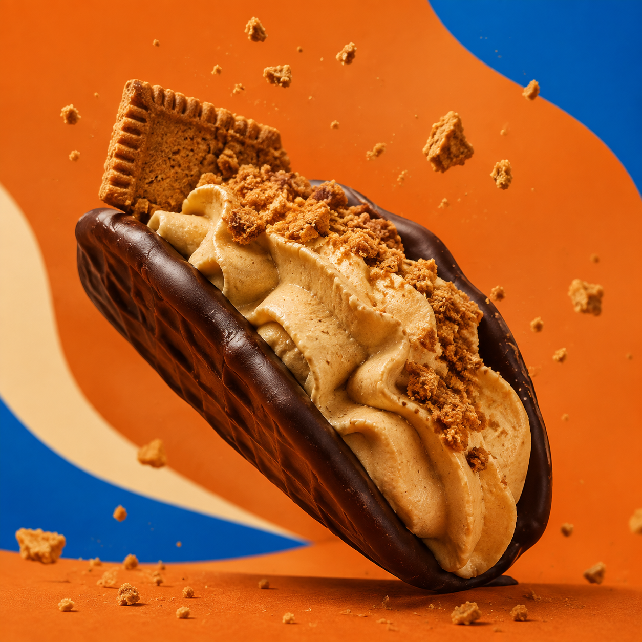 Waffle taco coated in dark chocolate and filled with caramelised biscuit cream and biscuit crumb