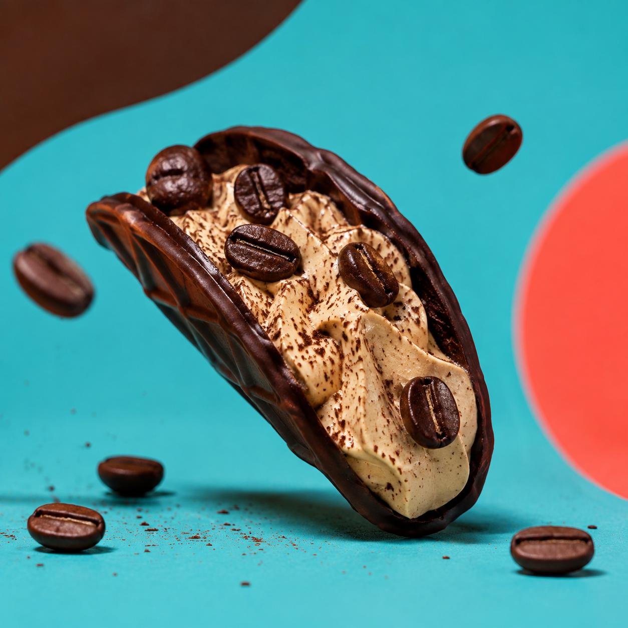 Waffle taco coated in dark chocolate and filled with coffee cream and espresso beans