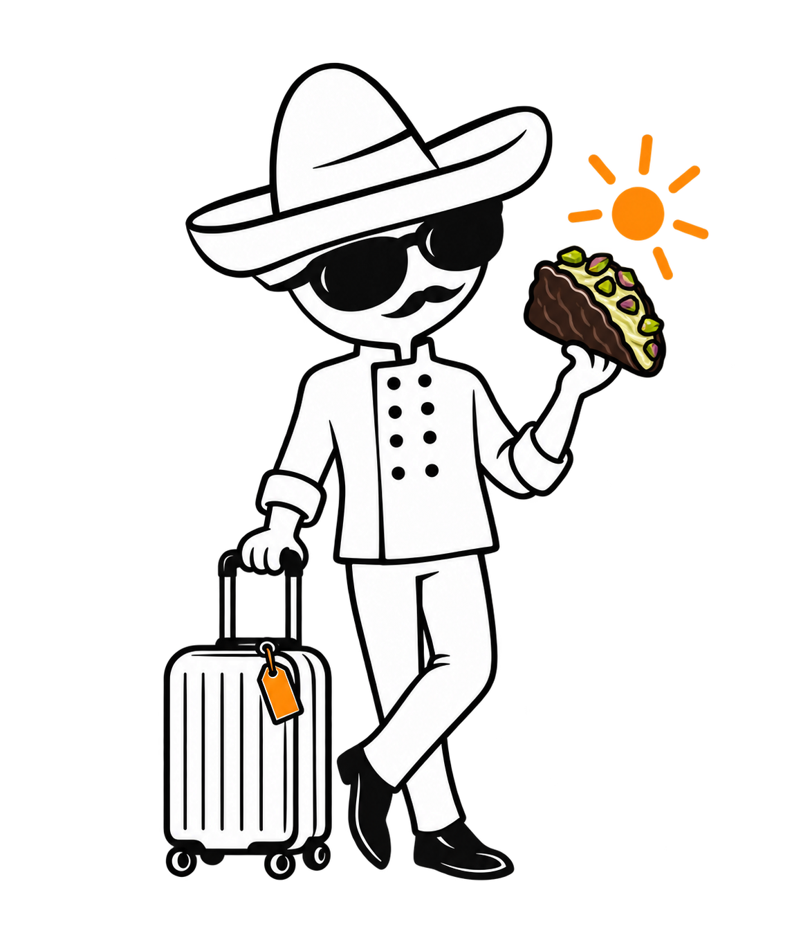 Louie the pastry chef holding a chocolate coated pistachio dessert taco beside his suitcase
