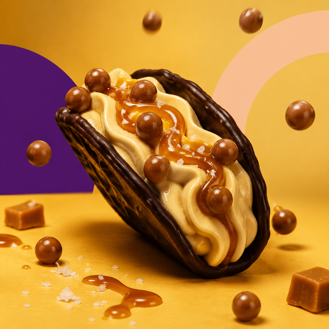 Waffle taco coated in dark chocolate and filled with salted caramel cream