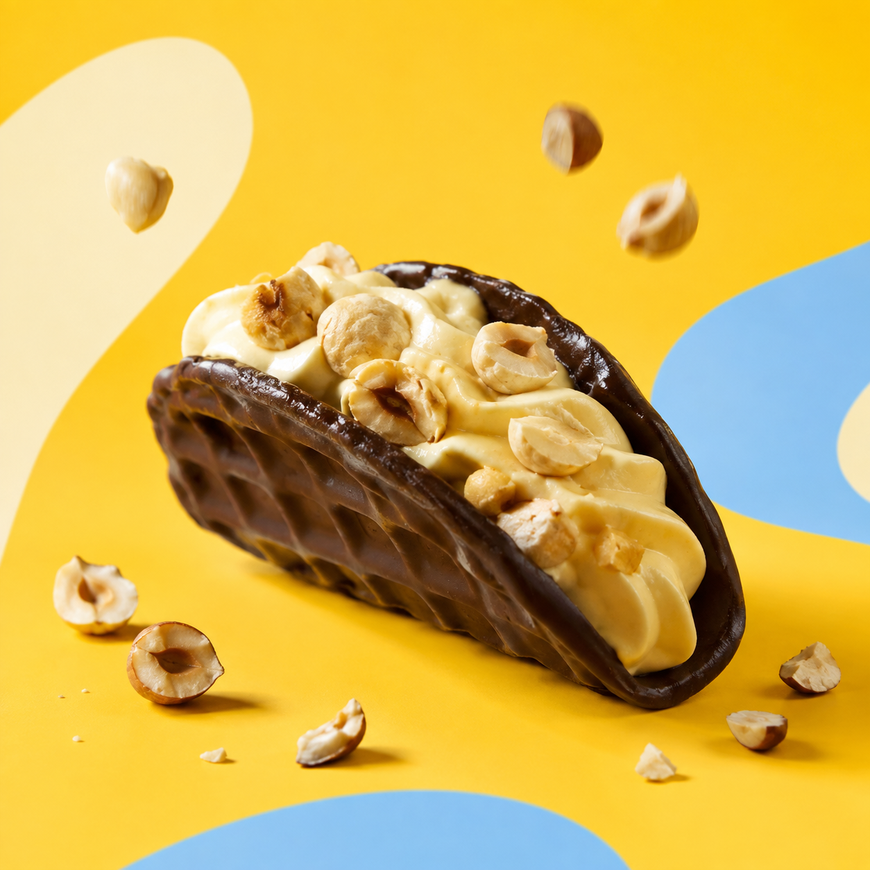 Waffle taco coated in dark chocolate and filled with white chocolate hazelnut cream